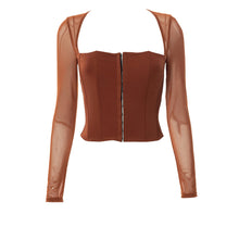 Load image into Gallery viewer, Autumn Solid Color Cardigan Square Neck Shirts Hook Button Waist Mesh Long Sleeve Fashion Casual Top