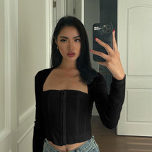 Load image into Gallery viewer, Autumn Solid Color Cardigan Square Neck Shirts Hook Button Waist Mesh Long Sleeve Fashion Casual Top