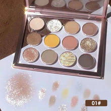 Load image into Gallery viewer, 12 Colors Pearlescent Matte Eyeshadow Palette Transparent Glitter Earth Color Women Cosmetics Glitter Eyeshadow Palette