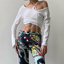 Load image into Gallery viewer, Fashion Sloping Shoulder Fake Two-piece Stitching Long-sleeved T-shirt Lace-up Solid Color Top Women