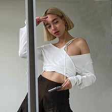 Load image into Gallery viewer, Fashion Sloping Shoulder Fake Two-piece Stitching Long-sleeved T-shirt Lace-up Solid Color Top Women
