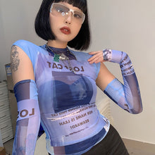 Load image into Gallery viewer, Y2K Futuristic Slim Fit Functionality Retro Letter Print T-shirt Mesh Slimming Top Sexy Long-sleeved Tight Tops