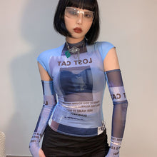 Load image into Gallery viewer, Y2K Futuristic Slim Fit Functionality Retro Letter Print T-shirt Mesh Slimming Top Sexy Long-sleeved Tight Tops