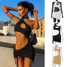 Load image into Gallery viewer, Street Style Fashion Sexy Large Area Cutout Cropped Navel Smocked Halterneck Sleeveless Solid Color Women Dress