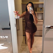 Load image into Gallery viewer, Ins Style Sexy Summer Mesh See-through Lace-up Round Neck Exposed Backpack Women Voile Slim Sheath Dress