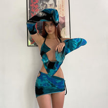 Load image into Gallery viewer, Y2K Cool Print Fashion Sling Halter Top Shirt With Sleeves + Dropped Waist Skirt Women's Short Wrap Skirt Two Piece Suit