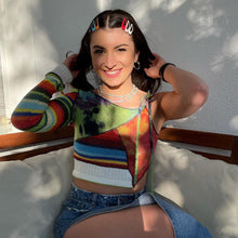 Load image into Gallery viewer, Asymmetric Matching Lace-up Single Sleeve Neckline Slim Multicolor Striped Vest Top Round Neck Women Knitted T-shirt Tops