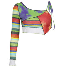 Load image into Gallery viewer, Asymmetric Matching Lace-up Single Sleeve Neckline Slim Multicolor Striped Vest Top Round Neck Women Knitted T-shirt Tops