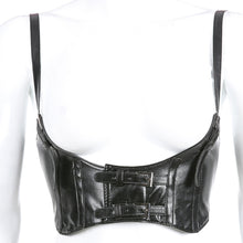 Load image into Gallery viewer, PU Leather Adjustable Slim Fit Button Buckle Sling Women's Top Low Cut Short Sleeve T-shirt Waistband Vest