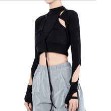 Load image into Gallery viewer, Cool Summer Women Camisole Vest Black Round Neck Long-sleeved Personality Hollow Fake Two-piece Slim T-shirt