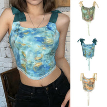 Load image into Gallery viewer, Women Bow-knot Camisole Lace-up Off Shoulder Retro Design T-shirt Cropped Navel Slim-fit Print Short Vest
