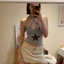 Load image into Gallery viewer, Smocked Halterneck Open Back Summer All-match Slim Fit Vest Grey Pentagram Print Fashion No Sleeve T-shirt