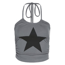 Load image into Gallery viewer, Smocked Halterneck Open Back Summer All-match Slim Fit Vest Grey Pentagram Print Fashion No Sleeve T-shirt