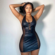 Load image into Gallery viewer, Autumn Halterneck Slim Wrap Short Dress V-neck Open Back Mesh See Through Pu Stitching Sexy One Piece Dress