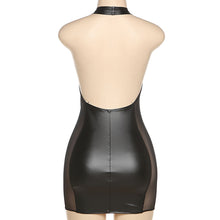 Load image into Gallery viewer, Autumn Halterneck Slim Wrap Short Dress V-neck Open Back Mesh See Through Pu Stitching Sexy One Piece Dress