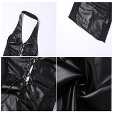 Load image into Gallery viewer, Autumn Halterneck Slim Wrap Short Dress V-neck Open Back Mesh See Through Pu Stitching Sexy One Piece Dress