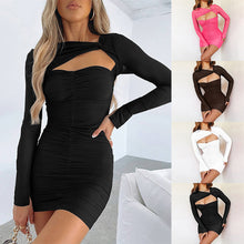Load image into Gallery viewer, Long-sleeve Lowcut Wrap Tube Top Dress Slim Fit Mesh Pleated Hollow Solid Color Sexy Short Sheath Dress