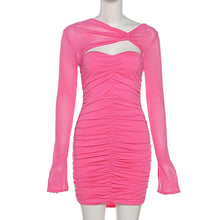 Load image into Gallery viewer, Long-sleeve Lowcut Wrap Tube Top Dress Slim Fit Mesh Pleated Hollow Solid Color Sexy Short Sheath Dress