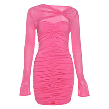 Load image into Gallery viewer, Long-sleeve Lowcut Wrap Tube Top Dress Slim Fit Mesh Pleated Hollow Solid Color Sexy Short Sheath Dress