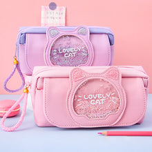 Load image into Gallery viewer, Cute Pencil Case Quicksand Cat Pencil Bag Three Layers Big Pen Case Girls Kawaii Stationery Bag Cartoon Animals Pen Bag Student