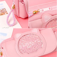 Load image into Gallery viewer, Cute Pencil Case Quicksand Cat Pencil Bag Three Layers Big Pen Case Girls Kawaii Stationery Bag Cartoon Animals Pen Bag Student