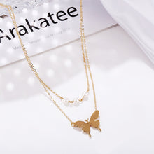 Load image into Gallery viewer, Double Imitation Pearl Butterfly Pendant Necklace Creative Vintage Clavicle Chain Pearl Necklace Jewelry Accessories