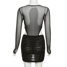 Load image into Gallery viewer, Sexy Mesh Pleated Bodysuit See-through Hip Skirt Set Black Waist Hollow Skirt Suit For Nightclub Party Dating