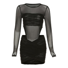 Load image into Gallery viewer, Sexy Mesh Pleated Bodysuit See-through Hip Skirt Set Black Waist Hollow Skirt Suit For Nightclub Party Dating