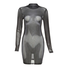 Load image into Gallery viewer, Fashion 3D Line Print Striped Slim Fit Dress Long Sleeve Summer Mesh Perspective Nightclub Sexy Slim Hip Dress