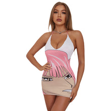 Load image into Gallery viewer, 3D Anime Face Print Pink Fashion Sexy Babes Halterneck Off Shoulder Open Back Slim Fit Wrap Hip Dress