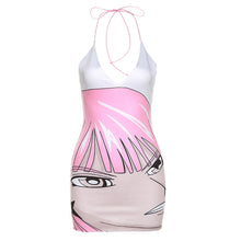 Load image into Gallery viewer, 3D Anime Face Print Pink Fashion Sexy Babes Halterneck Off Shoulder Open Back Slim Fit Wrap Hip Dress