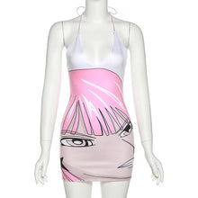 Load image into Gallery viewer, 3D Anime Face Print Pink Fashion Sexy Babes Halterneck Off Shoulder Open Back Slim Fit Wrap Hip Dress