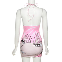 Load image into Gallery viewer, 3D Anime Face Print Pink Fashion Sexy Babes Halterneck Off Shoulder Open Back Slim Fit Wrap Hip Dress