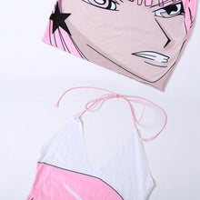 Load image into Gallery viewer, 3D Anime Face Print Pink Fashion Sexy Babes Halterneck Off Shoulder Open Back Slim Fit Wrap Hip Dress