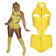 Load image into Gallery viewer, Sexy Hollow PU Leather Zipper Sling Top + Slim Shorts Two-piece Set Women Fashion Waist Cutout T-shirt Suit