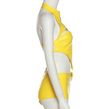 Load image into Gallery viewer, Sexy Hollow PU Leather Zipper Sling Top + Slim Shorts Two-piece Set Women Fashion Waist Cutout T-shirt Suit