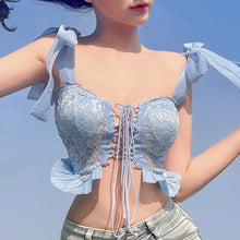 Load image into Gallery viewer, Off-shoulder Bowknot Straps Slim Hollow Mesh Navel Crop Top Suspenders Vest Fashion Women Sling T-shirt