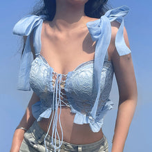 Load image into Gallery viewer, Off-shoulder Bowknot Straps Slim Hollow Mesh Navel Crop Top Suspenders Vest Fashion Women Sling T-shirt