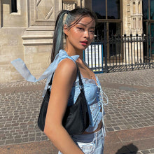 Load image into Gallery viewer, Off-shoulder Bowknot Straps Slim Hollow Mesh Navel Crop Top Suspenders Vest Fashion Women Sling T-shirt