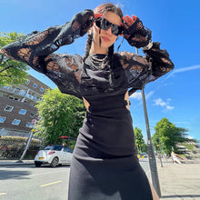 Load image into Gallery viewer, Round Neck Long Sleeve Black Loose Thin Tops Women's Short Hollow Knitted Versatile Sweater