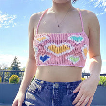 Load image into Gallery viewer, Summer Off-shoulder Slim Fit Knitted Crop Tops Vest Heart Print Fashion Women's Strap Halterneck Backless Knitted Sweater