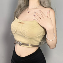 Load image into Gallery viewer, Solid Color Slim Off Shoulder Crop Tops Square Neck Belt Sexy Denim Open Back Wrap Chest Navel T-shirt Vest