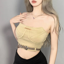 Load image into Gallery viewer, Solid Color Slim Off Shoulder Crop Tops Square Neck Belt Sexy Denim Open Back Wrap Chest Navel T-shirt Vest
