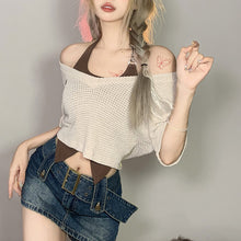 Load image into Gallery viewer, Contrast Color Sexy Halterneck Irregular Vest + V-neck Hollow T-shirt Two Piece Summer Women Off Shoulder Navel T-shirt Suit