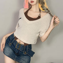 Load image into Gallery viewer, Contrast Color Sexy Halterneck Irregular Vest + V-neck Hollow T-shirt Two Piece Summer Women Off Shoulder Navel T-shirt Suit