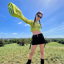 Load image into Gallery viewer, Loose Mesh-paneled Knitted Striped Top Sexy Perspective Long-sleeved All-match Round Neck Crop Top Sweater