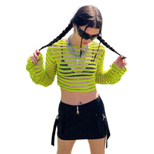 Load image into Gallery viewer, Loose Mesh-paneled Knitted Striped Top Sexy Perspective Long-sleeved All-match Round Neck Crop Top Sweater