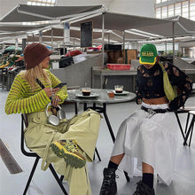 Load image into Gallery viewer, Loose Mesh-paneled Knitted Striped Top Sexy Perspective Long-sleeved All-match Round Neck Crop Top Sweater