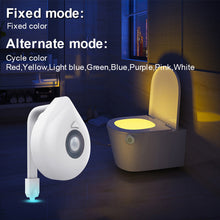 Load image into Gallery viewer, LED Toilet Seat Night Light Motion Sensor WC Light 8 Colors Changeable Lamp AAA Battery Powered Backlight for Toilet Bowl Child
