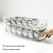 Load image into Gallery viewer, Refrigerator Double Layer Beverage Cans Holder Water Storage Rack Transparent Box Drinks Dispenser Soda Organizer Self-Rolling Finishing Shelf for Kitchen